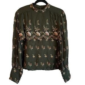 ZARA Floral Embroidered Boho Sheer Long Sleeve Blouse Women's Sz Medium